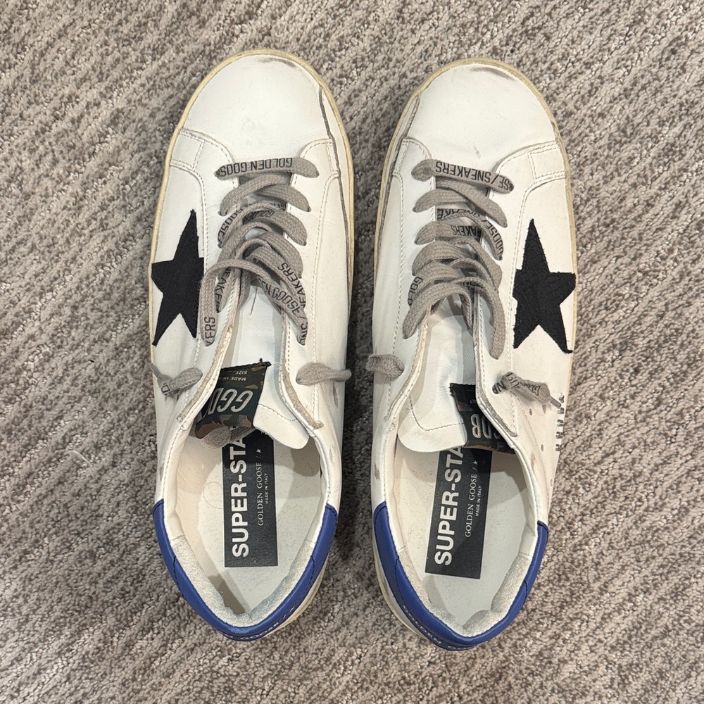 Golden Goose White and Black Sneakers with Blue Heel